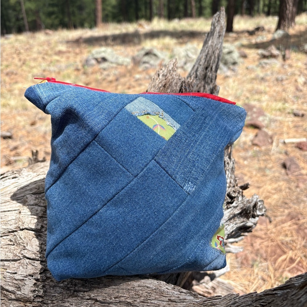 Hand Crafted Red and Pink Cosmetic Bag with Unique Patchwork Design - Picture 6 of 9